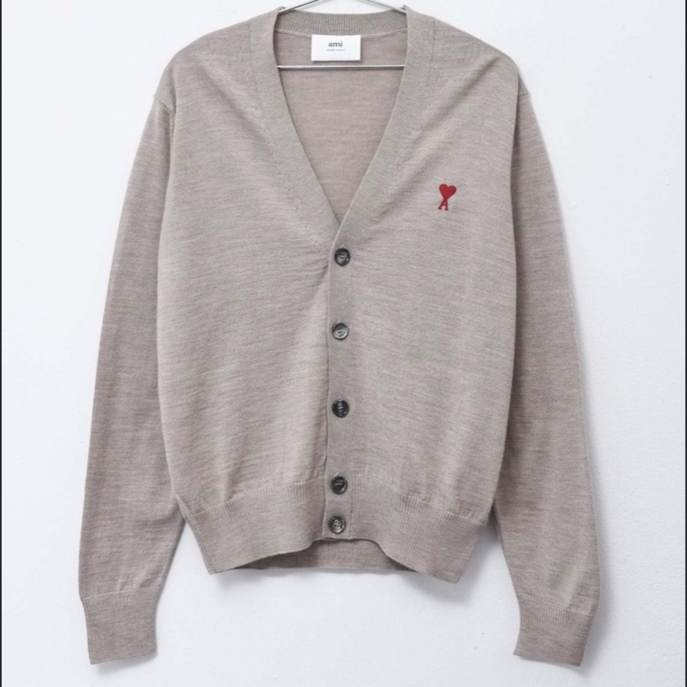 Authentic AMI PARIS WOOL CARDIGAN - LIGHT BEIGE - 100% WOOL